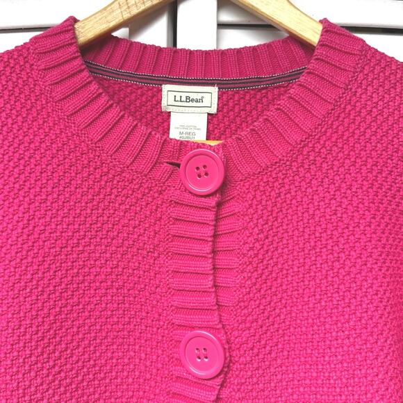 Vintage LL Bean Size Medium Bright Pink Cardigan Cotton Large Button 3/4 Sleeves - Picture 2 of 5